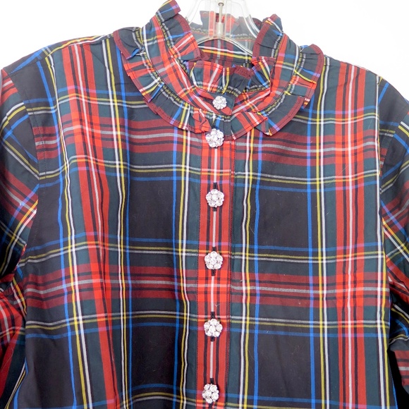 J. Crew NWT Size 20 Jeweled Button Ruffled Popover Top Stewart Tartan Plaid - Picture 3 of 13